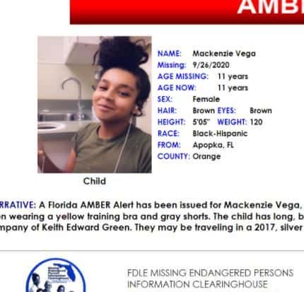 Florida AMBER ALERT CANCELED 11-Year-Old MacKenzie Vega Found Safe