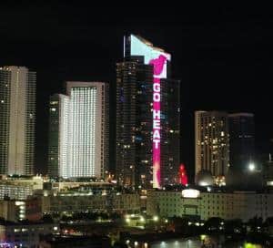 NBA Playoff: World’s Largest Heat & Hawks L.E.D. Logos, Digital Basketball Player Light-Up Paramount Miami Worldcenter