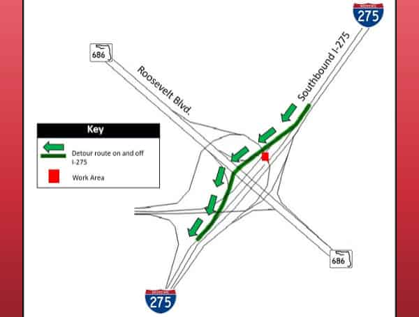 Southbound Traffic To Be Detoured Off I-275 At Roosevelt Boulevard Tonight