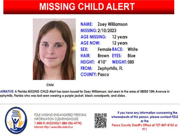 Florida Missing Child Alert Issued For Zoey Williamson Canceled, Found Safe