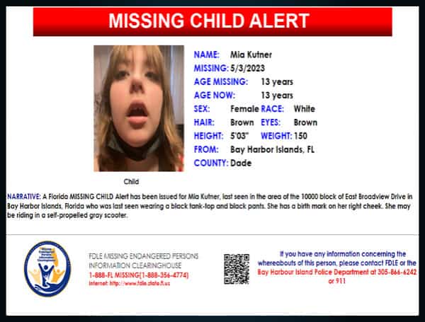 Florida Missing Child Alert Canceled For 13-Year-Old Mia Kutner, Found Safe