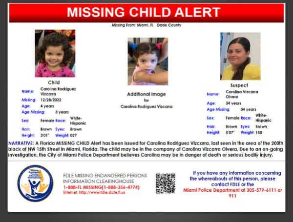 Florida Missing Child Alert Canceled For 4-Year-Old Carolina Rodriguez Vizcarra, Child Is Safe