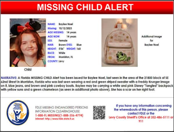 Florida Missing Child Alert For 14-Year-Old Baylee Noel Caceled, Child Is Safe