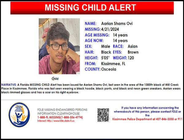 Florida Missing Child Alert Issued For 14-Year-Old Aarian Shams Ovi Canceled, Found Safe