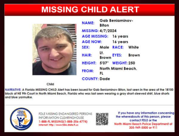 Florida Missing Child Alert Canceled For 16-Year-Old Gab Beniaminov-Biton, Located Safe