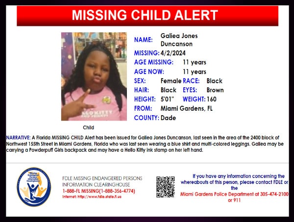 Florida Missing Child Alert For 11-Year-Old Galiea Jones Duncanson Canceled, Child Is Safe