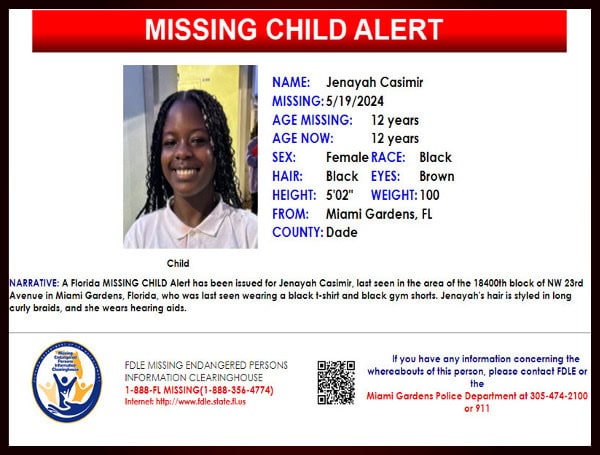 Florida Missing Child Alert Canceled For 12-Year-Old Jenayah Casimir, Child Is Safe