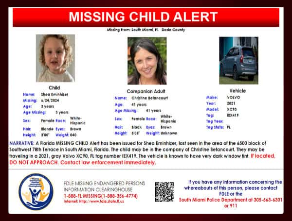 Florida Missing Child Alert Canceled For 3-Year-Old Shea Eminhizer, Located Safe