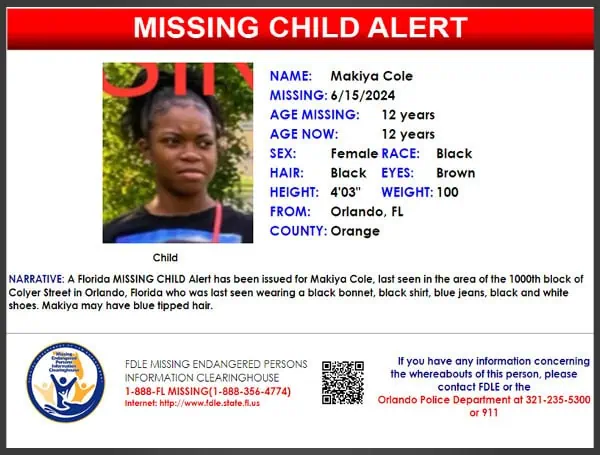 Florida Missing Child Alert Canceled For 12-Year-Old Makiya Cole, Child Is Safe