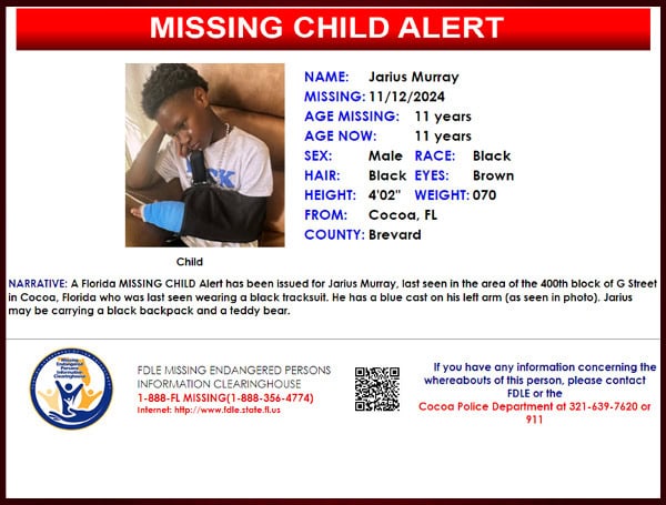 Florida Missing Child Alert Canceled For 11-Year-Old Jarius Murray, Located Safe