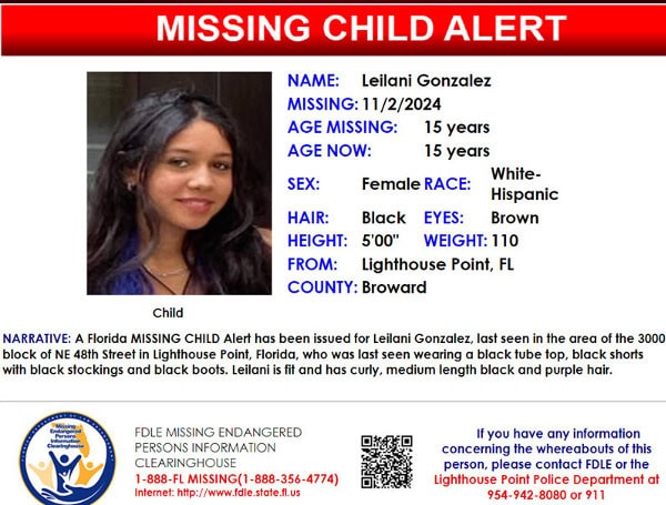 Florida MISSING CHILD Alert Canceled For 15-Year-Old Leilani Gonzalez, Located Safe