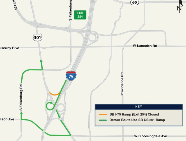 I-75 South Ramp To US 301 North In Riverview Taking Nightly Detour