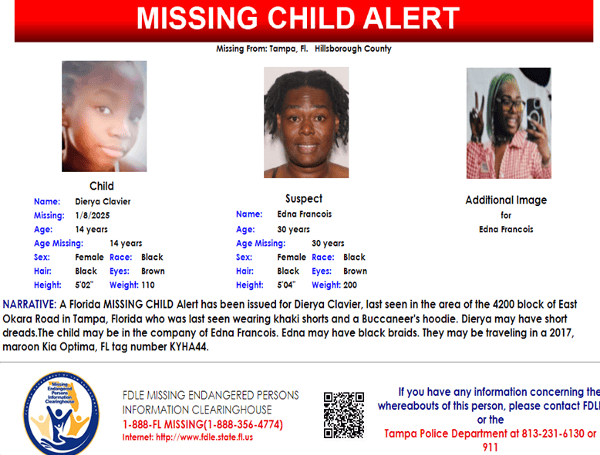 Florida Missing Child Alert Canceled For 14-Year-Old Tampa Girl, Located Safe