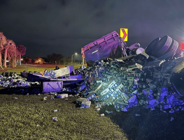 Tractor-Trailer Overturns On I-75 Rest Area Entrance In Ruskin, Spilling Beer On Shoulder