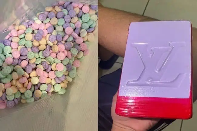 Sinaloa Cartel Leaders Face 'Narco-Terrorism' Charges In Landmark Indictment 3 Rainbow colored fentanyl pills and fentanyl bricks with “Louis Vuitton” and “Rolls Royce” stamps (DOJ)